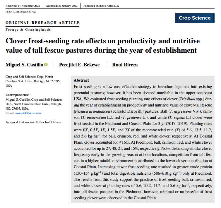 A research article abstract containing information on clover frost-seeding rate effects on productivity and nutritive value.