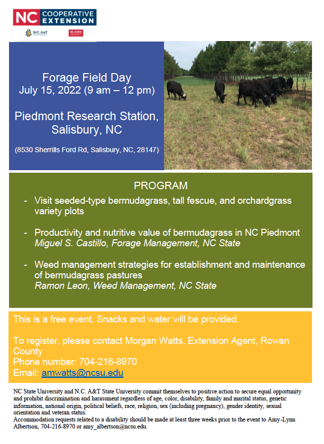 Forage Field Day, July 15th, 2022. 9 a.m. - 12 p.m. at Piedmont Research Station, Salisbury, NC.